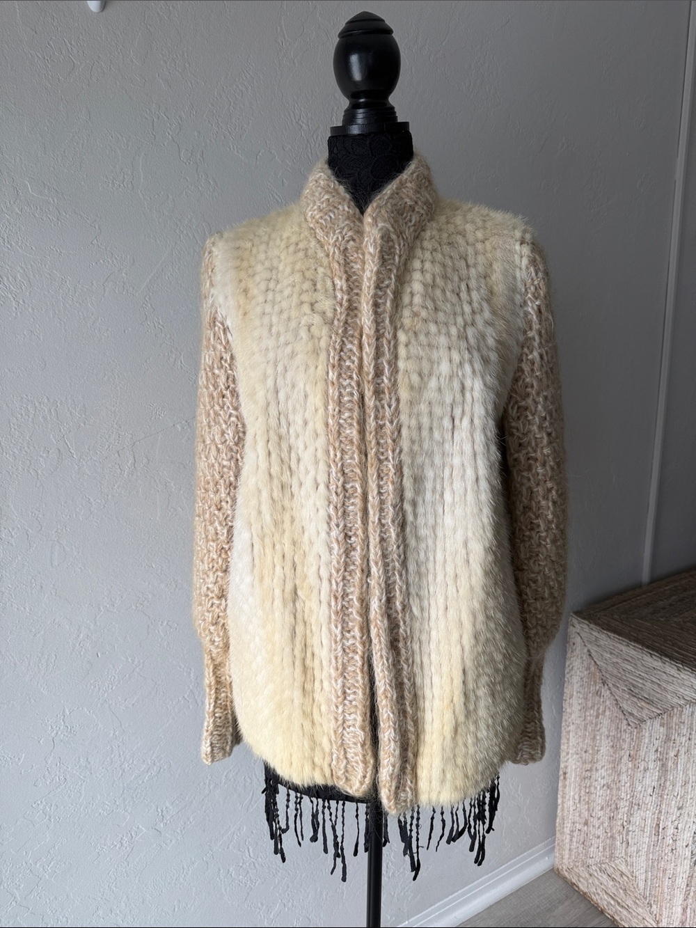 Vintage mink + Hand-Knit Beige Wool Open jacket